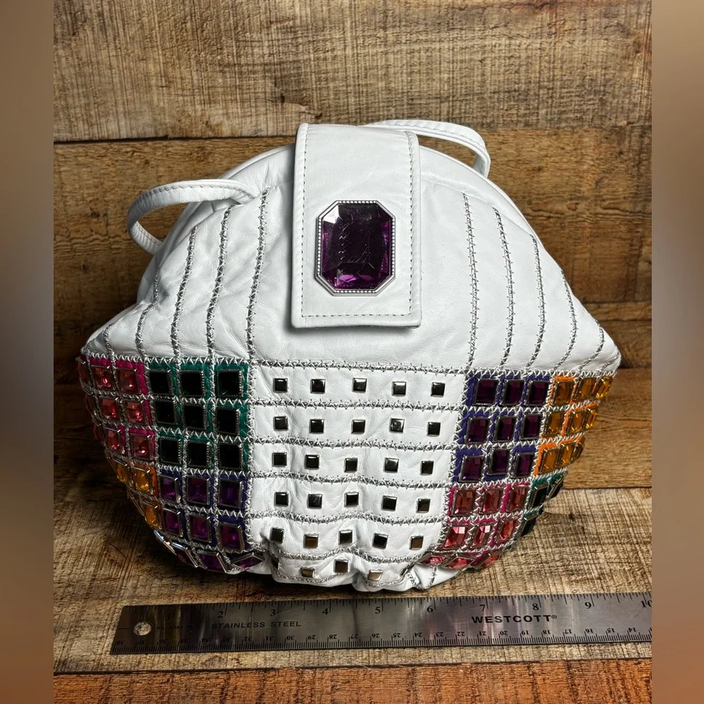VTG Jeweled White Leather USA Purse 80s 90s Retro Colorful Bling Shoulder Bag - Picture 9 of 12